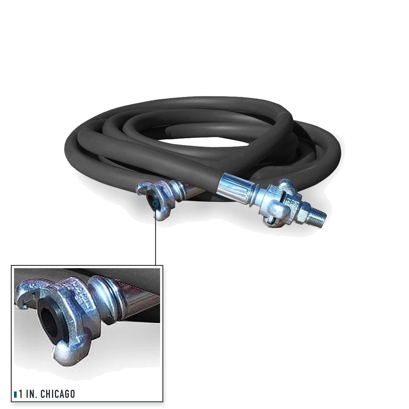 Coiled air hose with a close-up of the 1 inch Chicago fitting.
