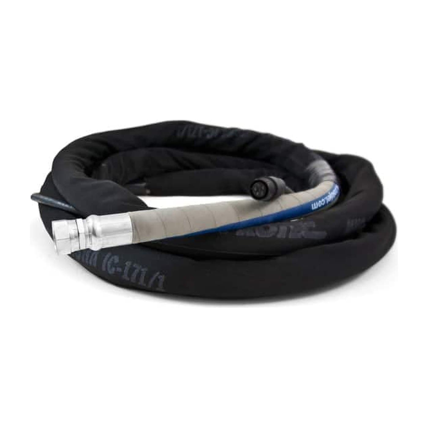 A coiled Cold Jet blast hose with metal fittings.