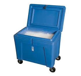 Open blue insulated tote of dry ice blasting pellets, with the lid raised and the tote on wheels.